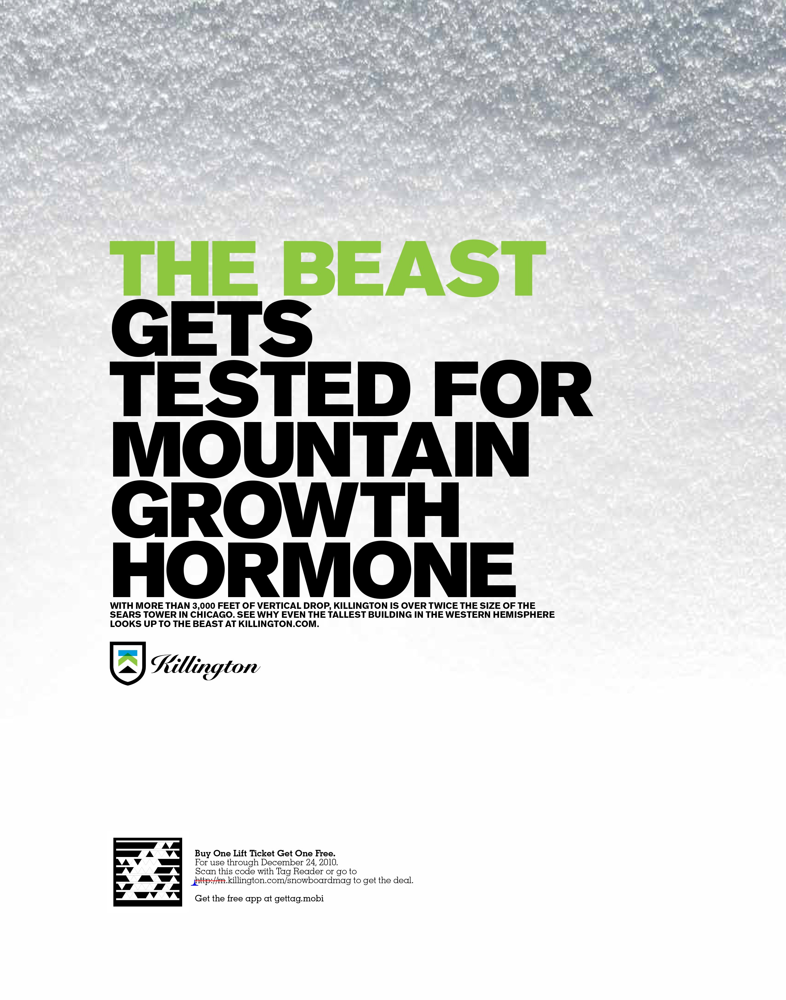 Killington 'The Beast' magazine ad — 'The Beast gets tested for mountain growth hormone' (Snowboard Mag)