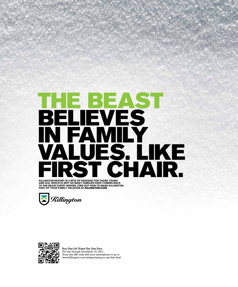 Killington 'The Beast' ad — 'The Beast believes in family values. Like first chair.' (Mountain Sports Mag)