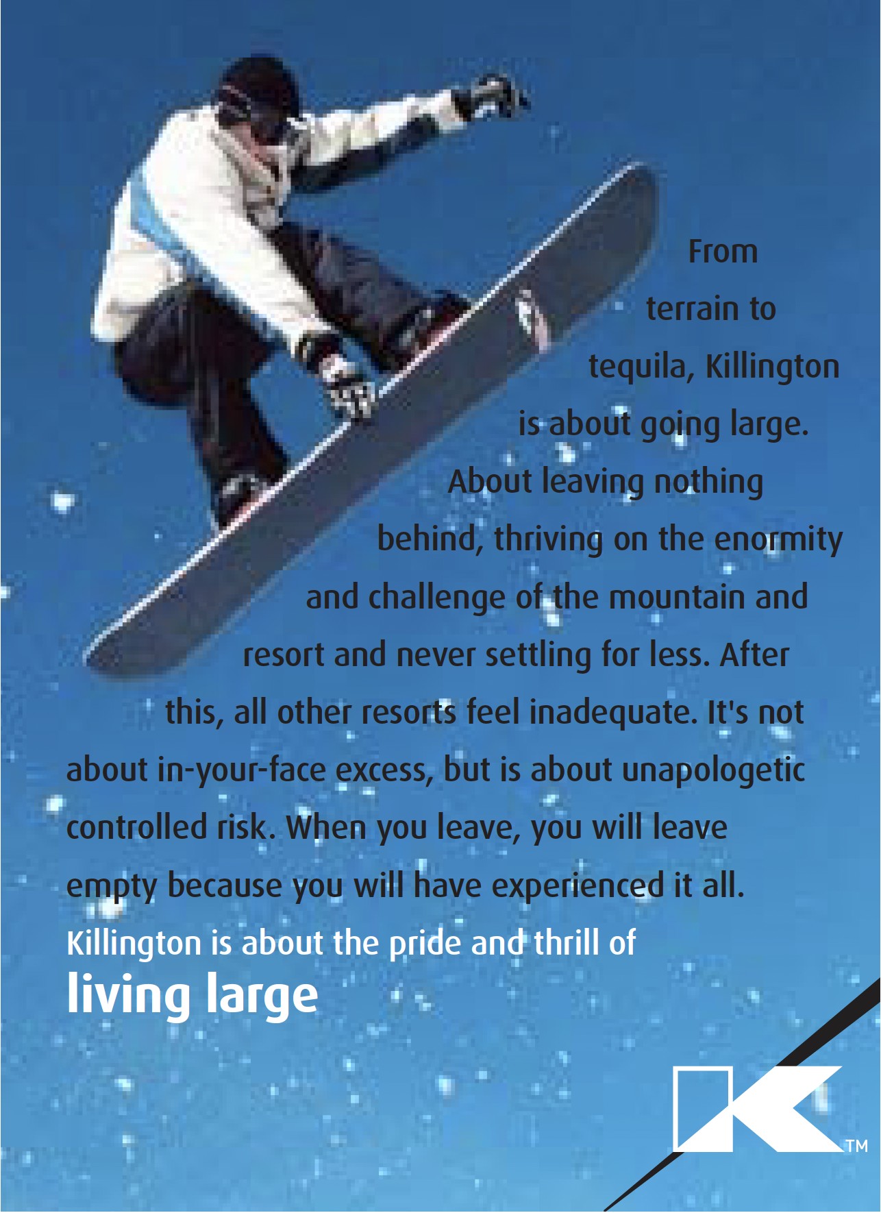 Vintage Killington "living large" magazine ad — a snowboarder mid-air over deep blue sky, ASC-era copy