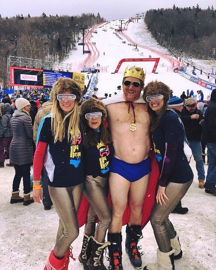 The King with a crew in superhero costume at the World Cup finish