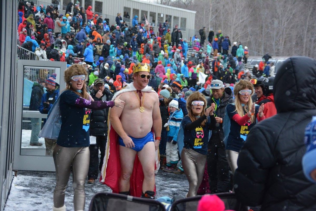 The King out front of a packed crowd at the Killington Cup arena