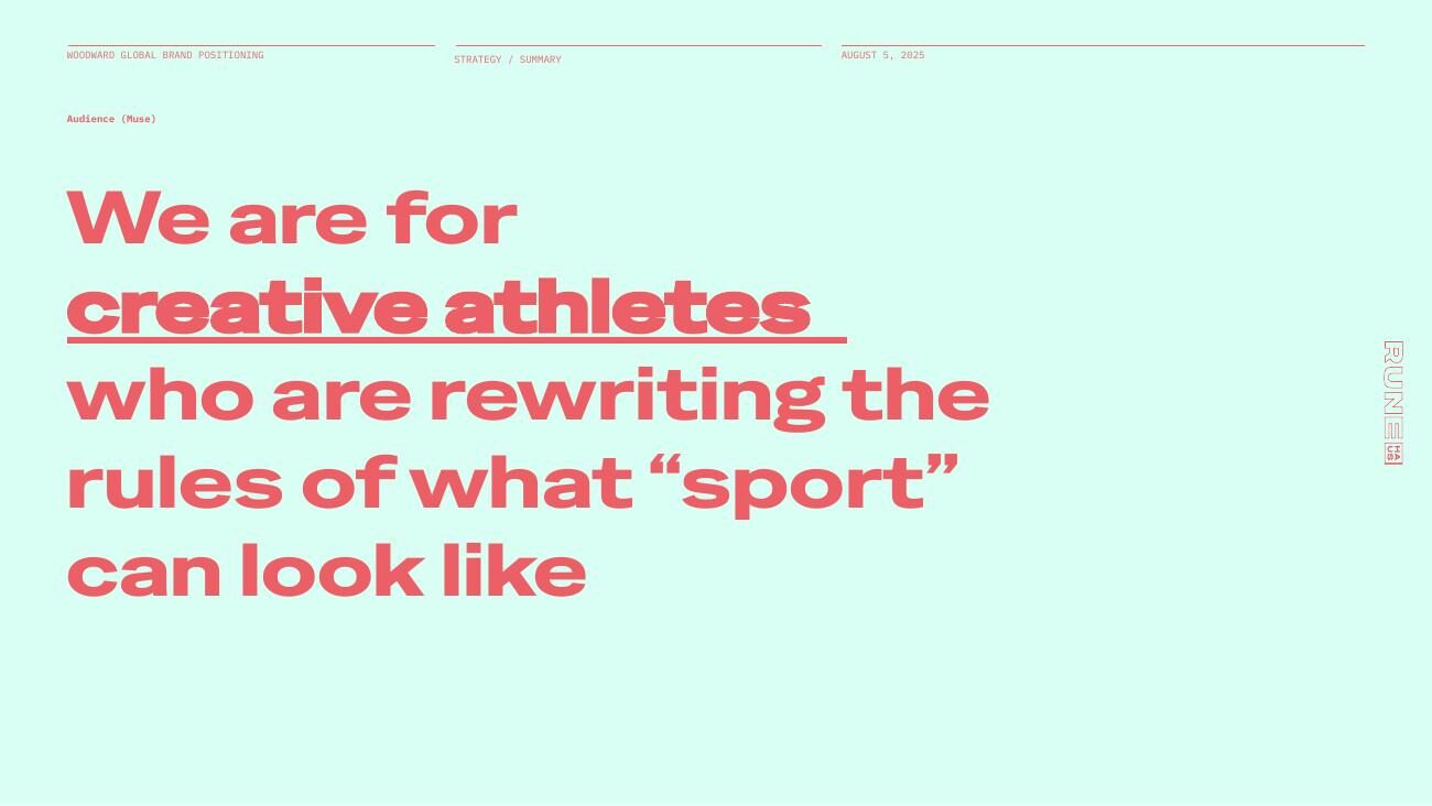 Positioning slide: we are for creative athletes who are rewriting the rules of what sport can look like